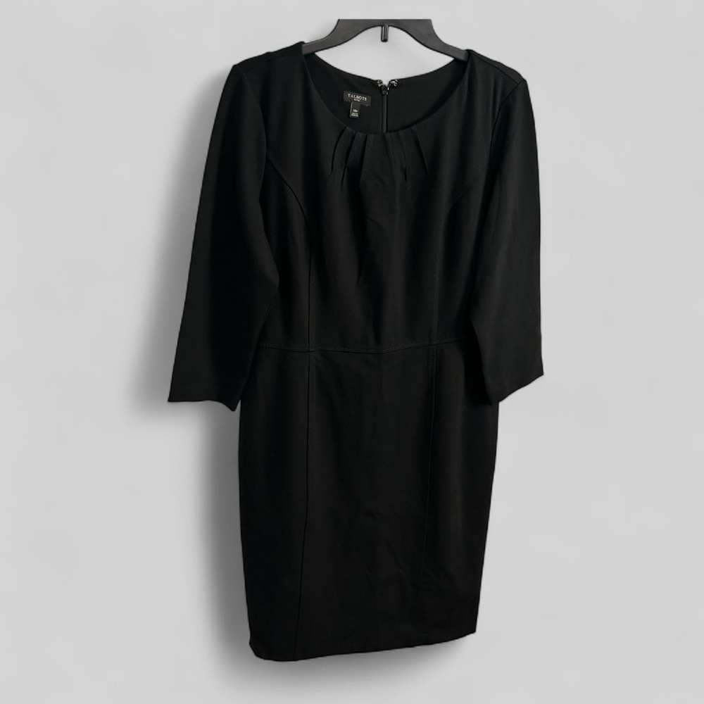 Talbots Petites black ponte knit pleated capsule midi dress capsule dressy chic